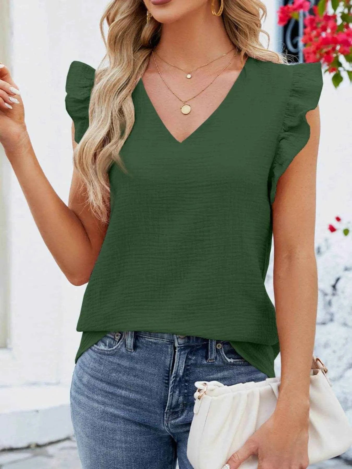 V-Neck Ruffled Sleeve Top Green Trendsi dff61678-2bc6-411c-8db1-d43cc1cce340-Max-Origin