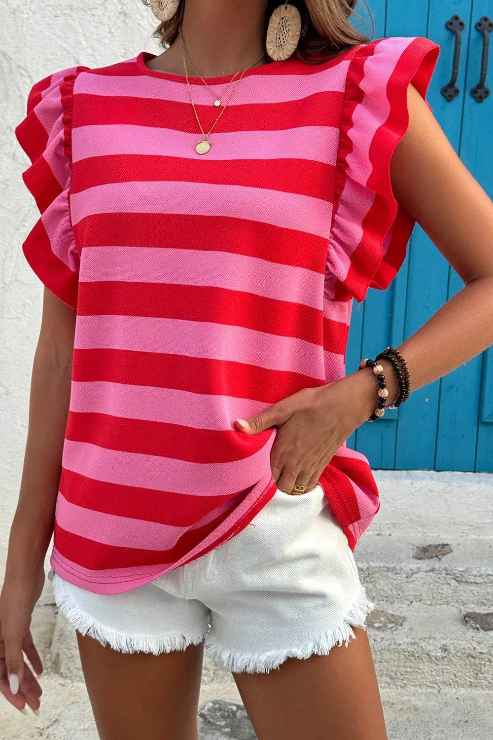 Striped Ruffle Sleeve Summer T-Shirt Trendsi dffd0df8-5189-4702-bc1b-72efe6cb6b60-Max-Origin