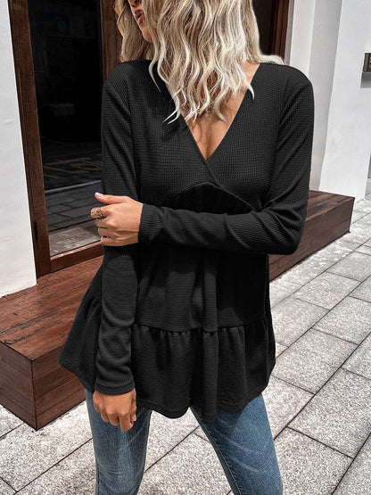 Ivy Lane Waffle-Knit V-Neck Long Sleeve Blouse Black Trendsi e03386e38b1c4ff58e1929ae593fadb4-Max