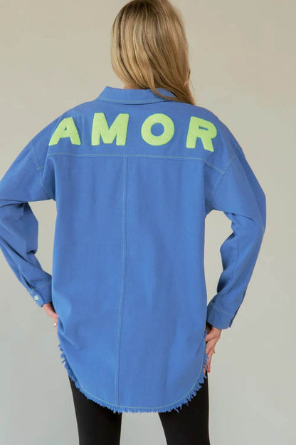 Davi & Dani Letter Back Raw Hem Half Button Shirt Trendsi e04cf15e-8c77-4fd5-b4bf-44e8dbee8699-Max