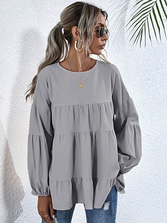 Shiny Round Neck Dropped Shoulder Tiered Blouse Light Gray Trendsi e05c16cda32b4d3d9580bcfd5fa605d7-Max