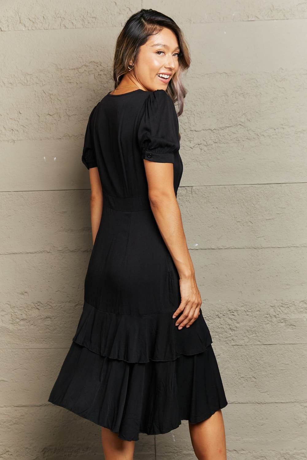 Perfee Decorative Button Surplice Ruffle Hem Dress Trendsi e0909fb4c44d4c8797653ec246ab3597-Max