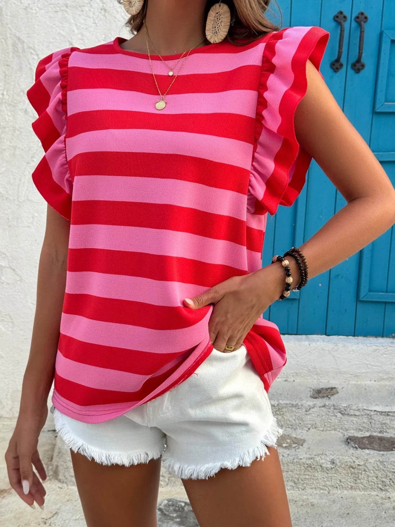 Contrast Striped Ruffle Sleeve T-Shirt Trendsi e091e53942a5463a9a8adccf578c9b3c-Max-Origin