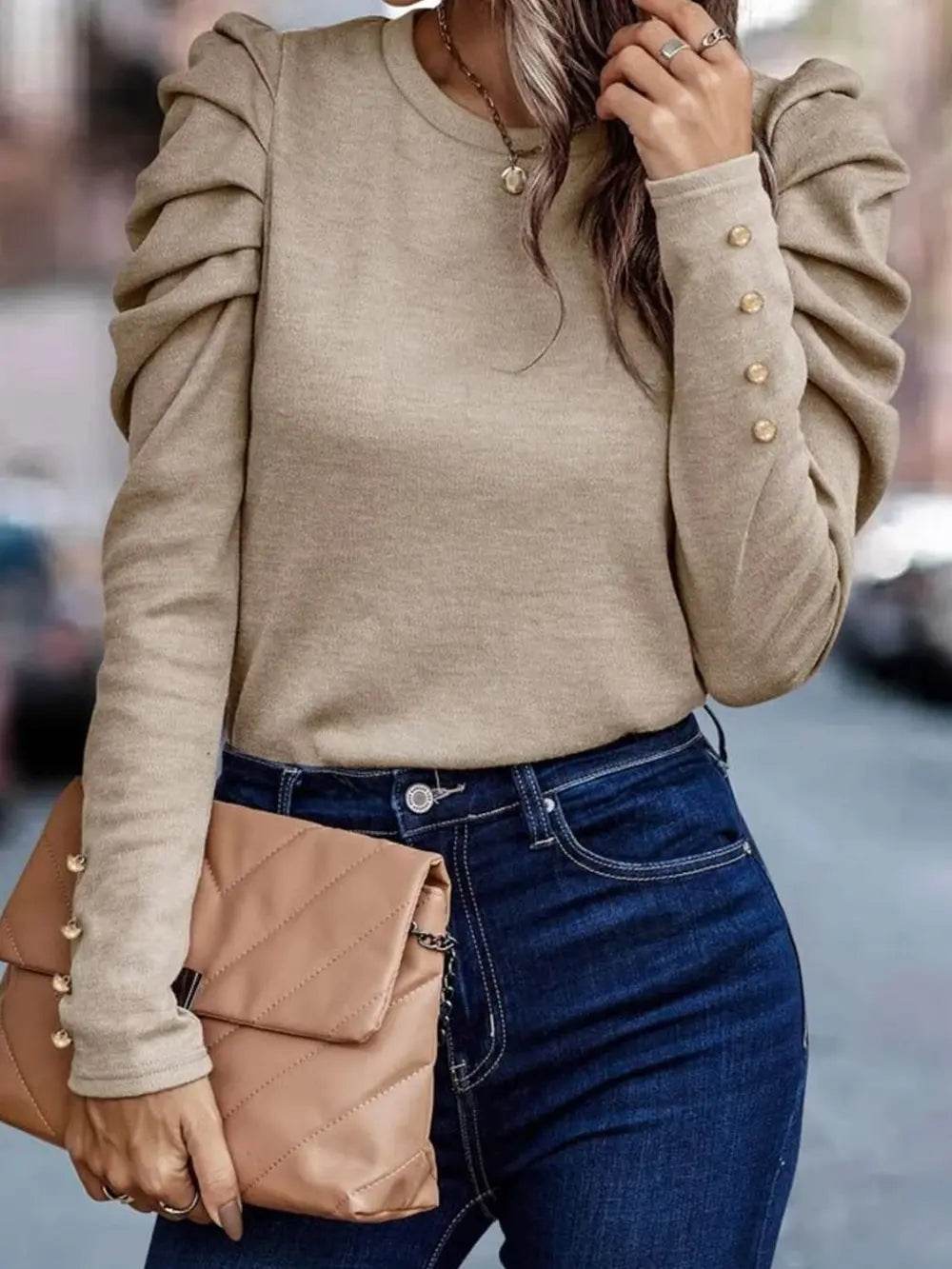 Round Neck Puff Sleeve Sleeve Blouse Trendsi e0c5a374525f45c49583b9c94190feea-Max