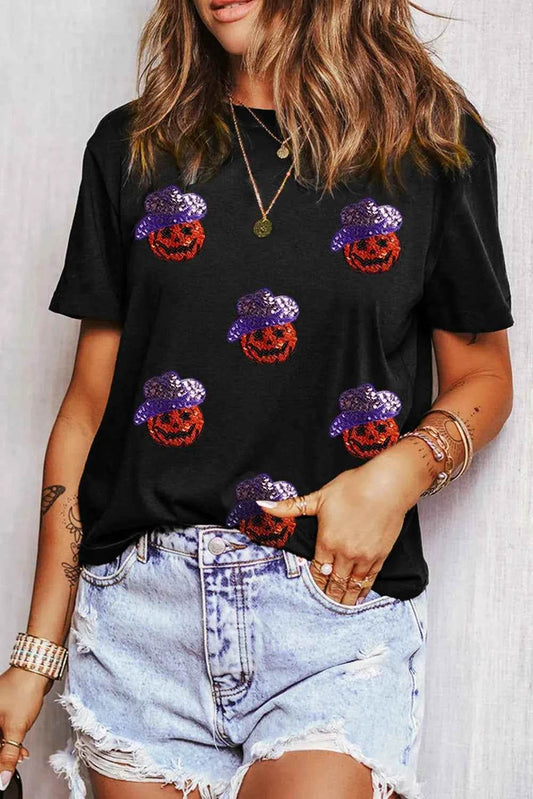 Sequin Pumpkin Round Neck Short Sleeve T-Shirt Black Trendsi e0d4b0bc-5d94-4f58-886c-b0595bcc7283-Max