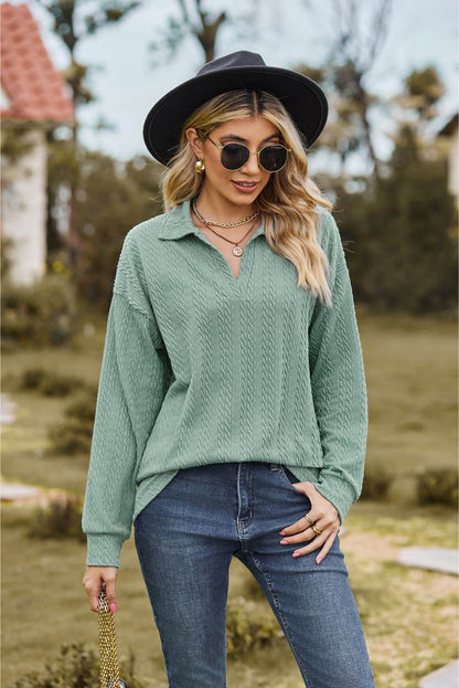 Collared Neck Cable-Knit Long Sleeve Blouse Sage Trendsi e0d79b960f1345c494b69002c7cbde04-Max