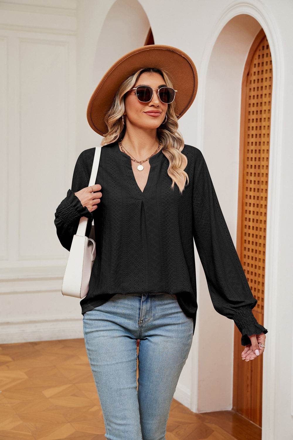 Notched Neck Flounce Sleeve Blouse Black Trendsi e0e29ac175f544d6a2cc43ae8a2dbb91-Max