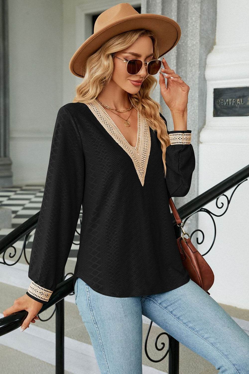 V-Neck Long Sleeve Blouse Trendsi e0f313bbd9844019ab04681754428295-Max