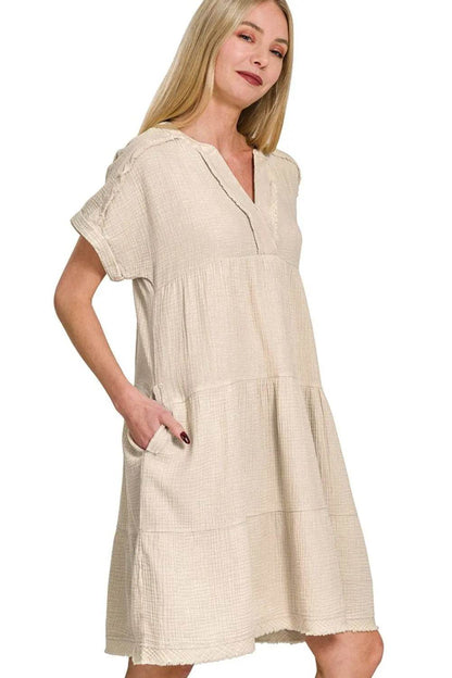 Zenana Washed Double Gauze Raw Edge V-neck Dress SAND BEIGE Trendsi e0fb46a0-27a1-45e0-a0b6-89ae9816b863-Max-Origin