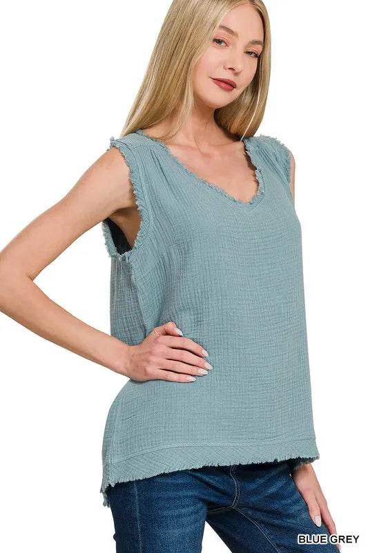 Zenana Double Gauze Raw Edge V-Neck Tank Trendsi e10160a3e7b04a82a4b5e870e379058e-Max-Origin
