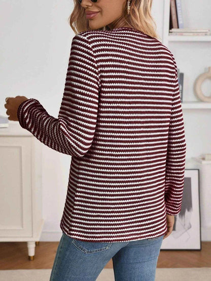 Striped Button Detail Long Sleeve Top Trendsi e102b541776142b2901da4bff892f6ae-Max-Origin
