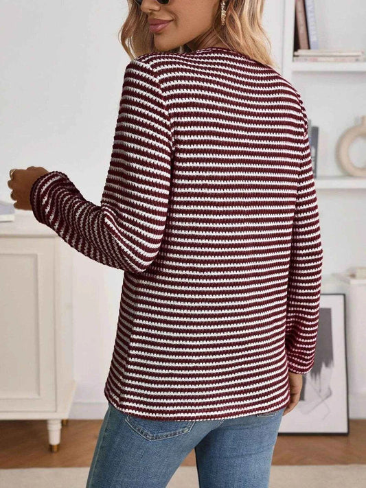 Striped Button Detail Long Sleeve Top Trendsi e102b541776142b2901da4bff892f6ae-Max-Origin
