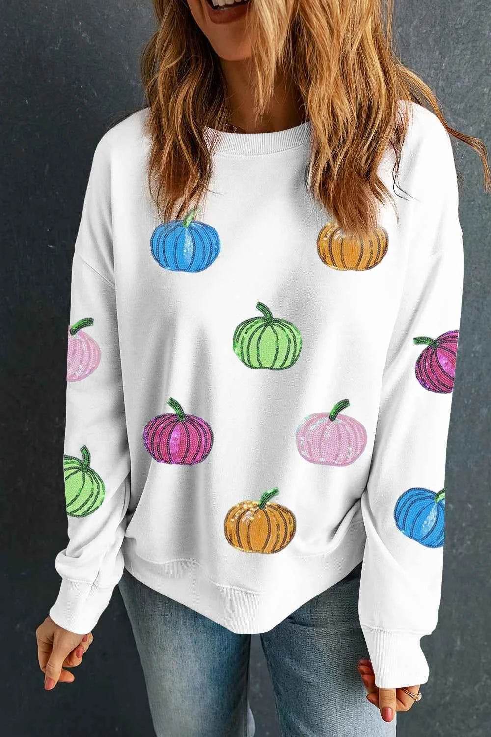 Pumpkin Round Neck Long Sleeve Sweatshirt White Trendsi e10563c3-0f91-4e3d-86b3-4f00a0b2cc76-Max-Origin