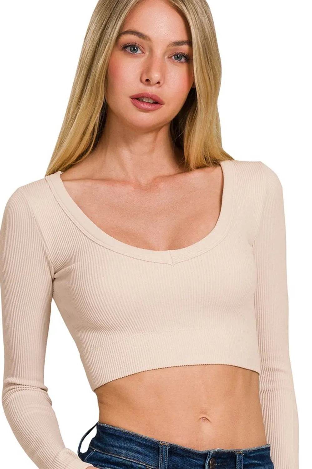 Zenana Seamless Fitted Rib V-neck Long Sleeve Crop Top SAND BEIGE Trendsi e106446a-15a3-441d-bcf5-e486ea68e03a-Max-Origin
