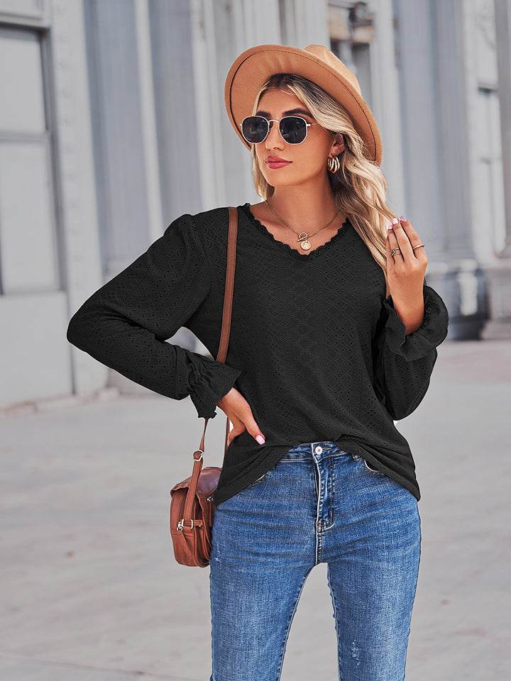 Eyelet V-Neck Flounce Sleeve Blouse Trendsi e117e068e01c4403808bb866d595be65-Max