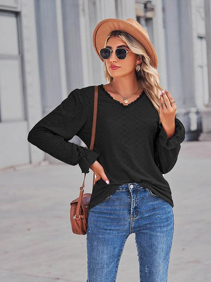 Eyelet V-Neck Flounce Sleeve Blouse Trendsi e117e068e01c4403808bb866d595be65-Max