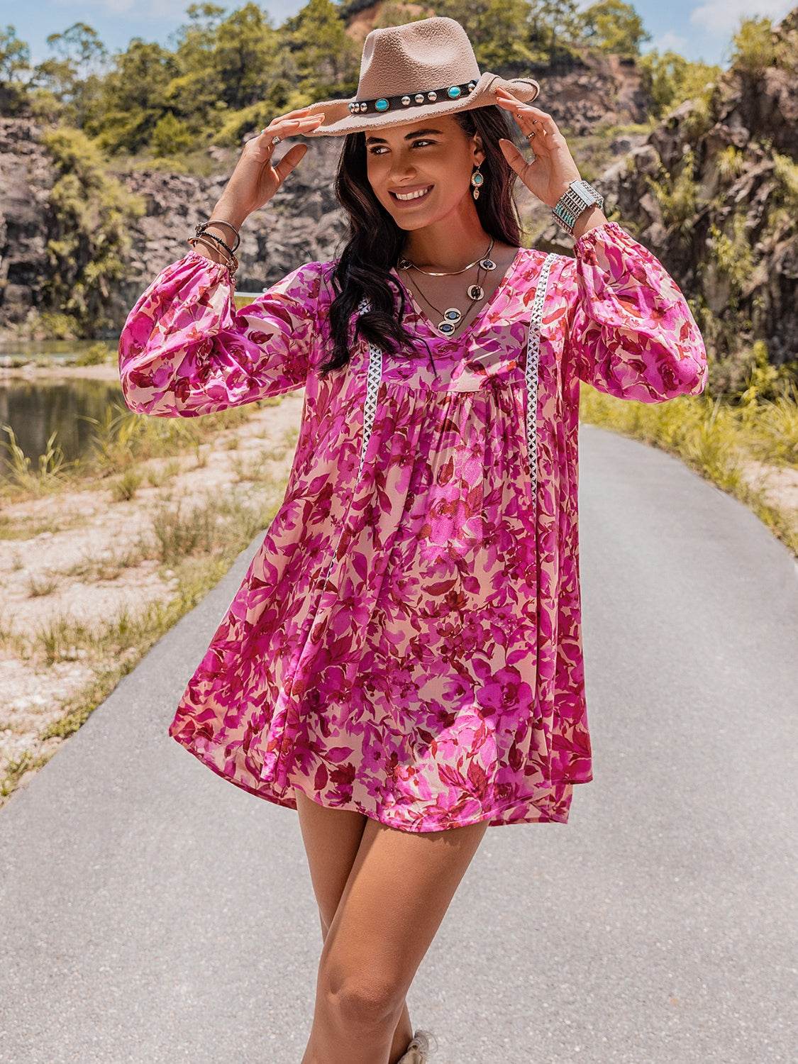 Long Sleeve V-Neck Mini Dress Hot Pink Trendsi e123df54c0654ecfa948012dc4485538-Max