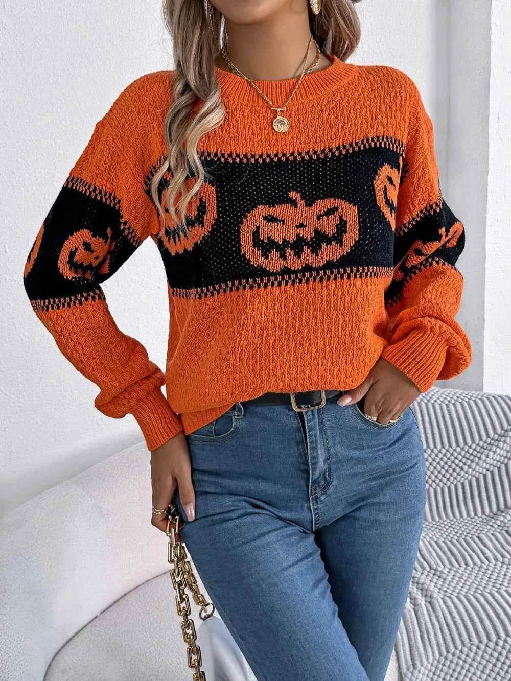 Pumpkin Round Neck Long Sleeve Sweater Trendsi e133d2a8-22cc-4a50-acea-984b3a925903-Max