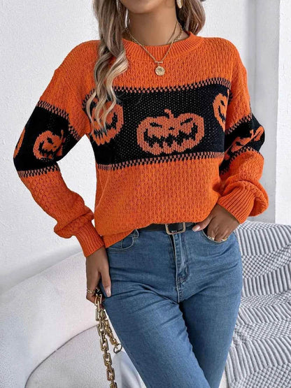 Pumpkin Round Neck Long Sleeve Sweater Trendsi e133d2a8-22cc-4a50-acea-984b3a925903-Max