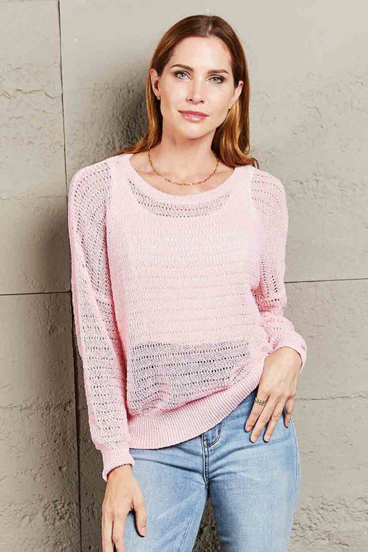 Openwork Round Neck Dropped Shoulder Knit Top Blush Pink Trendsi e148cf3998d94f5b90fc03cccd2b5479-Max