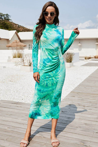 Tie Dye Mock Neck Long Sleeve Dress Turquoise Trendsi e14a2868a8d849c7adca7ce5c584412a-Max