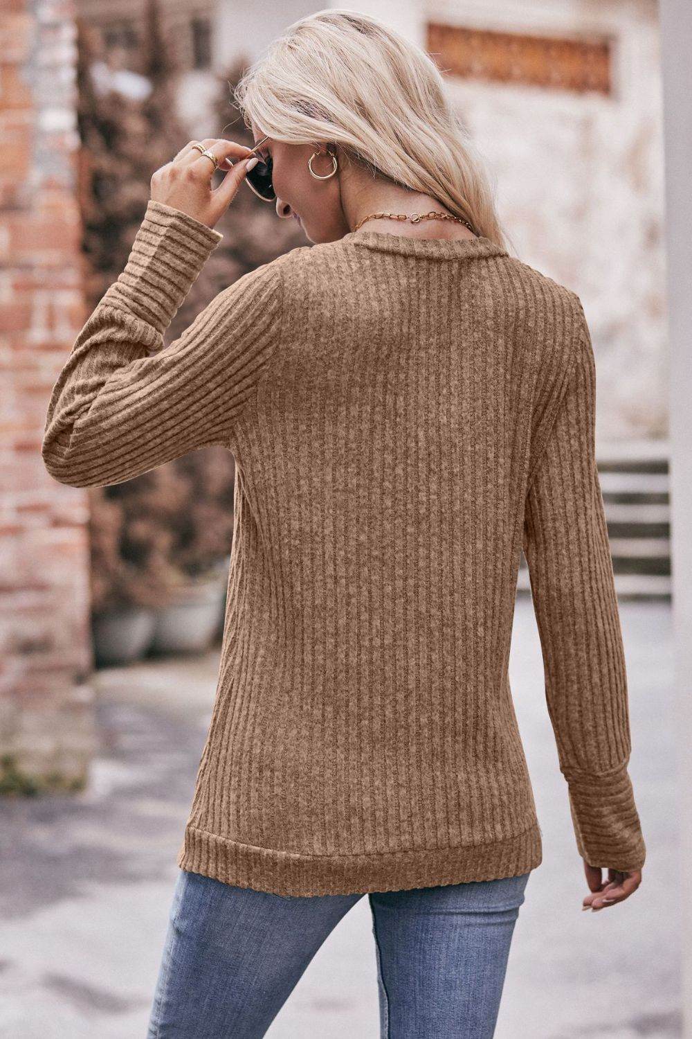 Mandy V-Neck Long Sleeve Ribbed Top Trendsi e18392ed25b8457cb888b17a15e3dc4d-Max