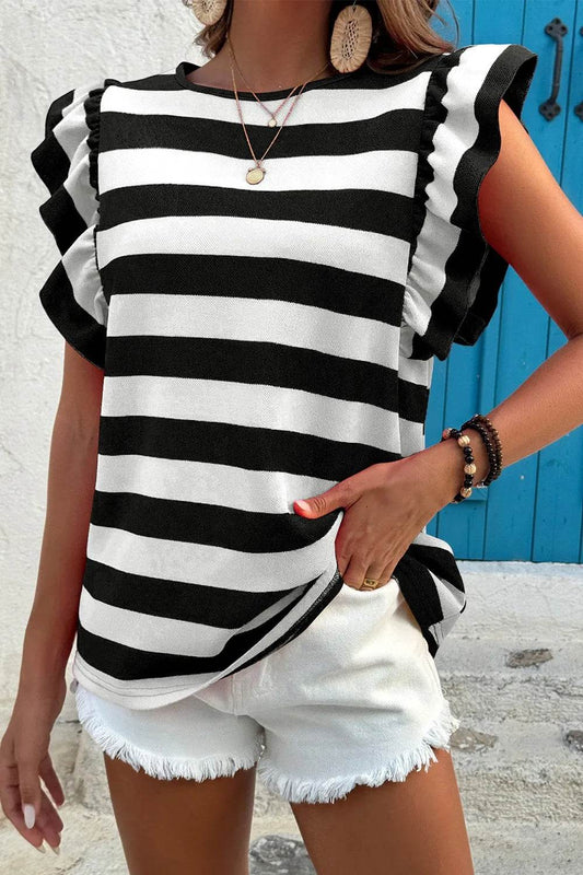 Ruffle Sleeve Striped T-Shirt Black Trendsi e18e4070-cab6-49b3-a351-b73cb6c75cb2-Max-Origin
