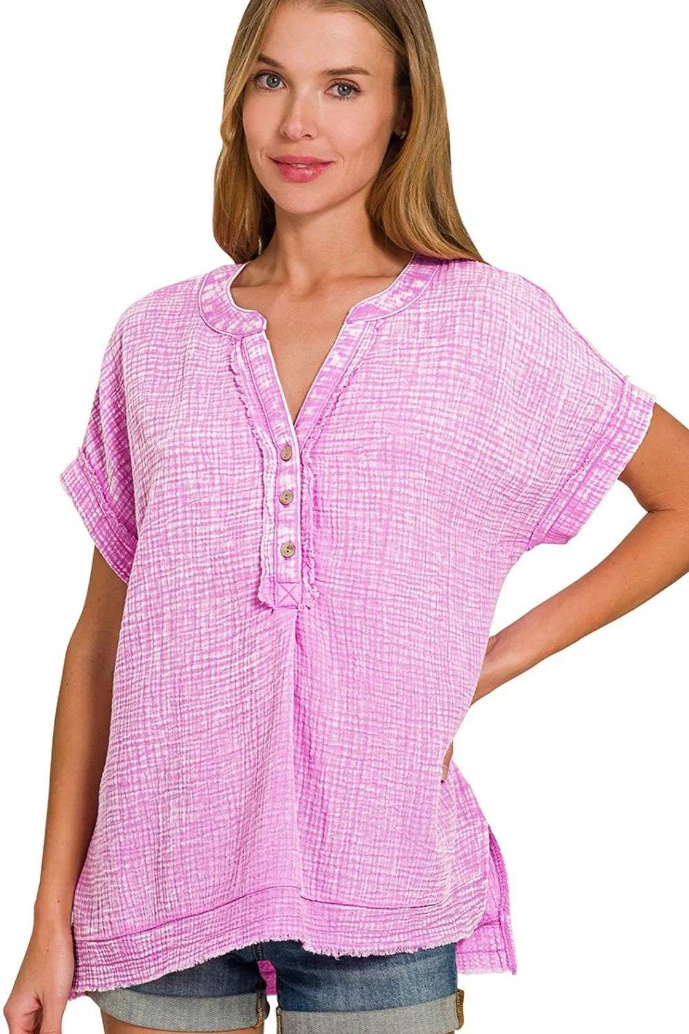 Zenana Washed Double Gauze 3/4 Button Henley Neck Shirt BRIGHT MAUVE Trendsi e1afe579-d799-4da8-8c40-55cca4559432-Max-Origin