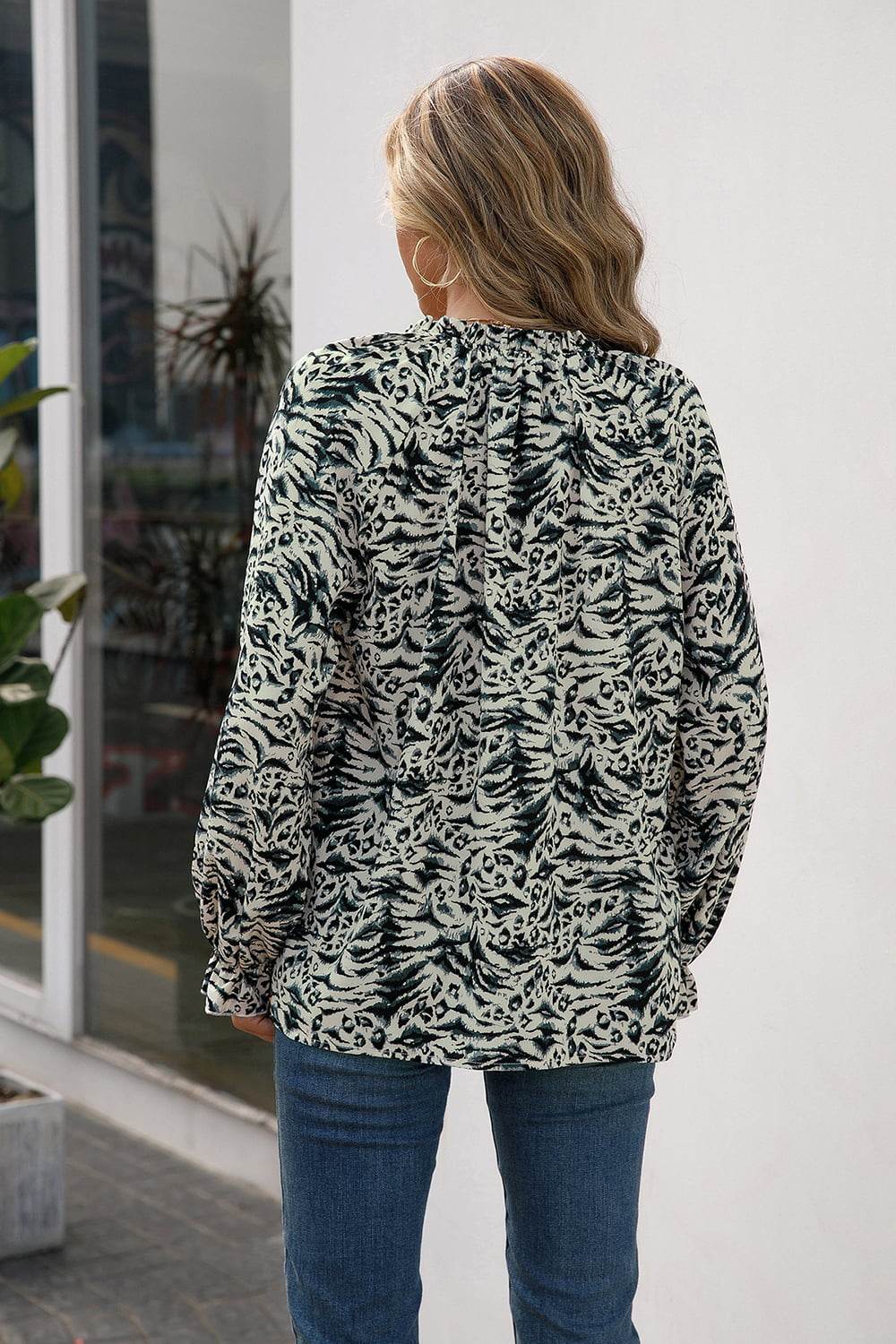 Ivy Lane Printed Tie Neck Frill Trim Flounce Sleeve Blouse Trendsi e1d2419c7644400fbae5f2c89e5fe962-Max