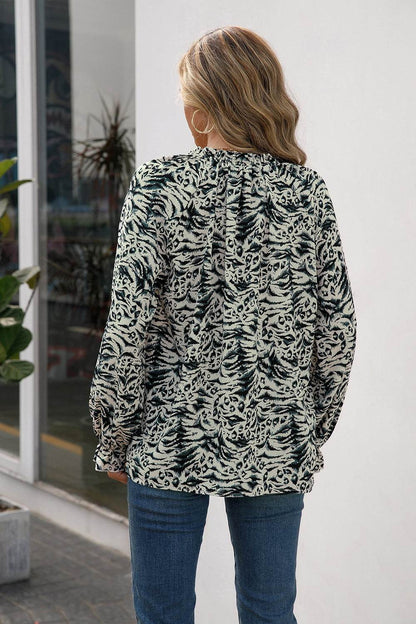 Ivy Lane Printed Tie Neck Frill Trim Flounce Sleeve Blouse Trendsi e1d2419c7644400fbae5f2c89e5fe962-Max