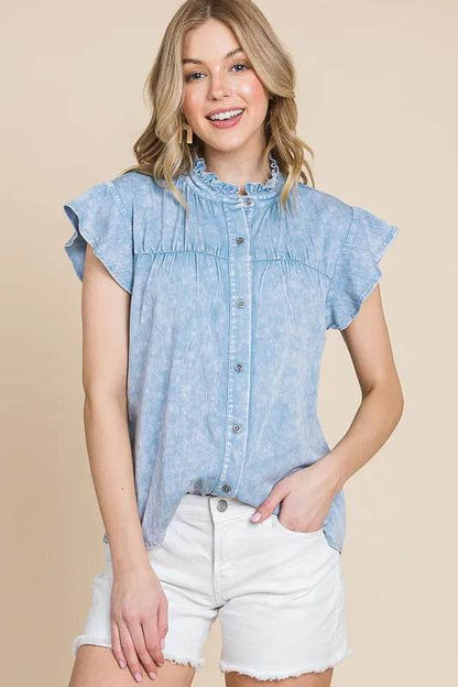 Lime 'N' Chili Mineral Wash Flutter Sleeve Button Down Shirt Trendsi e1dda489-3993-42df-9d91-b27ec6636c34-Max