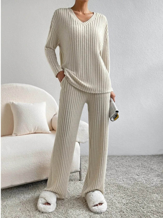 Ribbed Knit V-Neck Top and Pants Lounge Set Tan Trendsi e200e91cb0ae4742b9d60c1795da35f8-Max-Origin