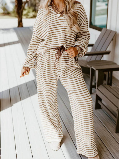 Stripe Collared Top and Drawstring Pant Set Khaki Stripe Trendsi e229a363944840aca969e02f38f8a0f1-Max-Origin