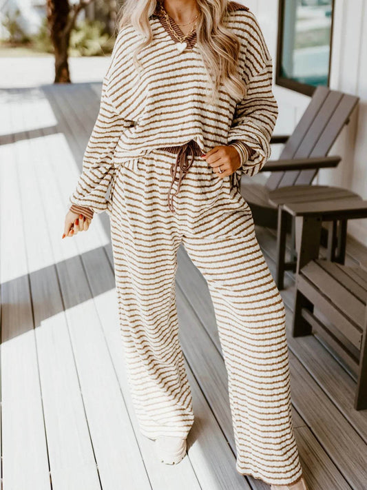 Stripe Collared Top and Drawstring Pant Set Khaki Stripe Trendsi e229a363944840aca969e02f38f8a0f1-Max-Origin