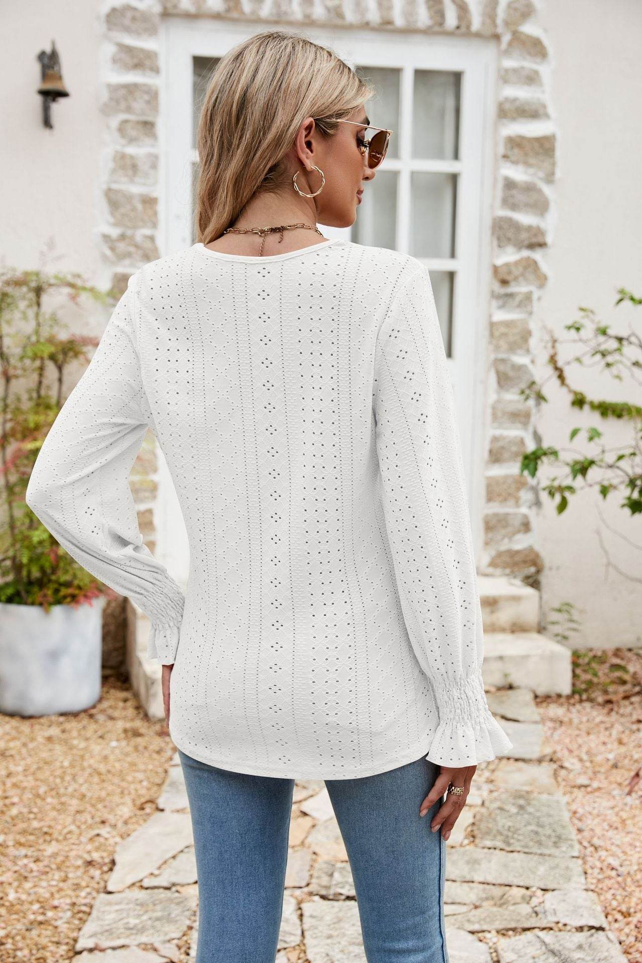 Eyelet Flounce Sleeve V-Neck Blouse Trendsi e24cb178dbc54dffbe0160d0be85c69c-Max