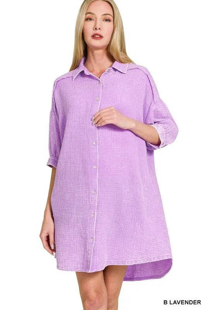 Zenana Washed Double Gauze Button Down Shirt Dress B LAVENDER Trendsi e252074c11784b97a3050efc9074e2b4-Max-Origin
