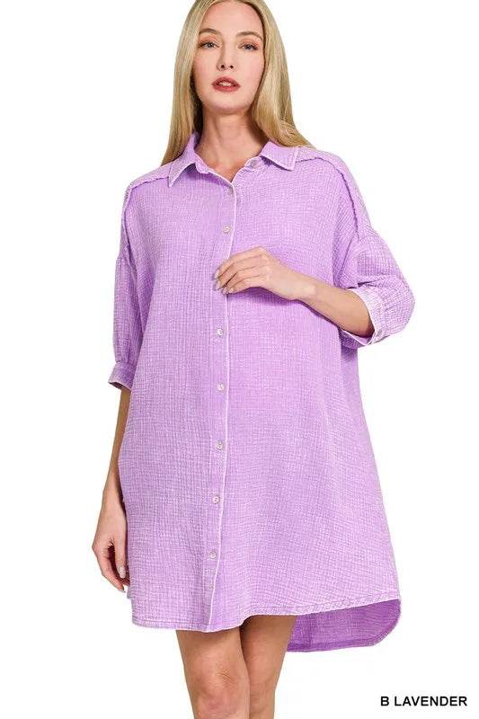 Zenana Washed Double Gauze Button Down Shirt Dress B LAVENDER Trendsi e252074c11784b97a3050efc9074e2b4-Max-Origin