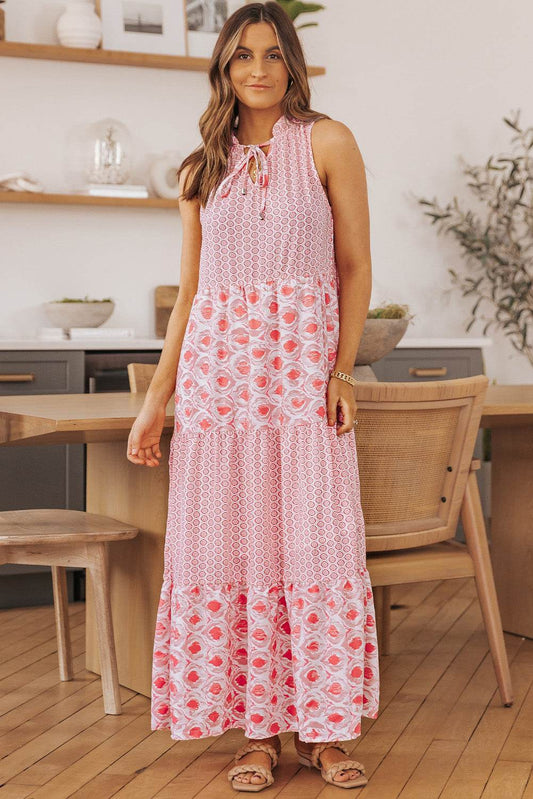 Mixed Print Tie-Neck Sleeveless Maxi Dress Blush Pink Trendsi e27908be0e3f4743a2b84462720c90ea-Max