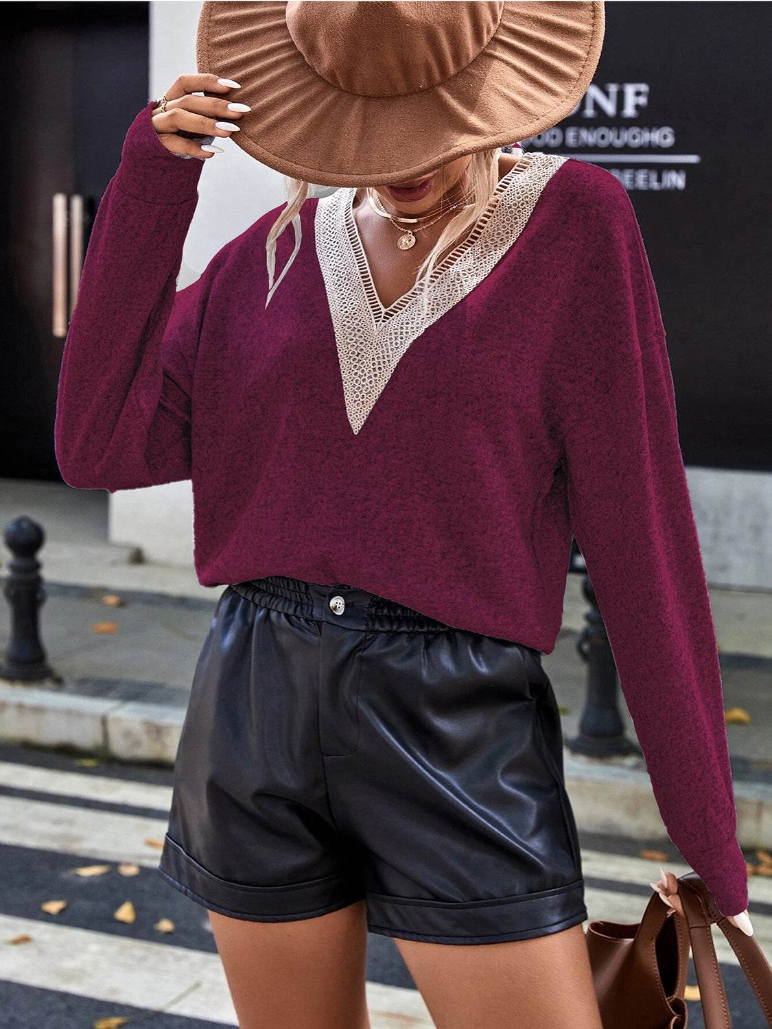 Lace Detail V-Neck Long Sleeve Top Deep Rose Trendsi e29de837ba784b3187471de055a948fd-Max