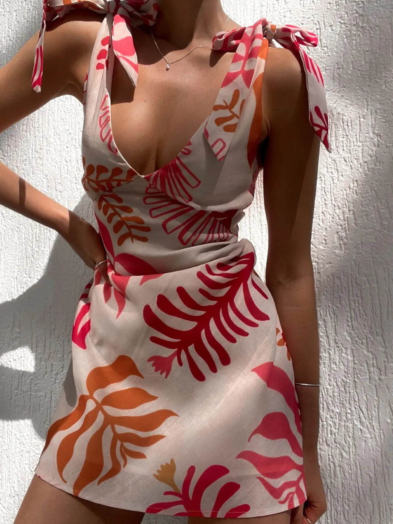Printed Tie-Shoulder Mini Dress Trendsi e2af81e78e174f4bbc7b81b0b456a303-Max-Origin