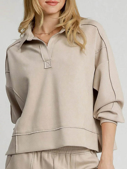 Umgee Exposed Seam Long Sleeve Polo Top with Side Slit Trendsi e2deac83-084e-4218-9f52-736e9811d3cb-Max-Origin