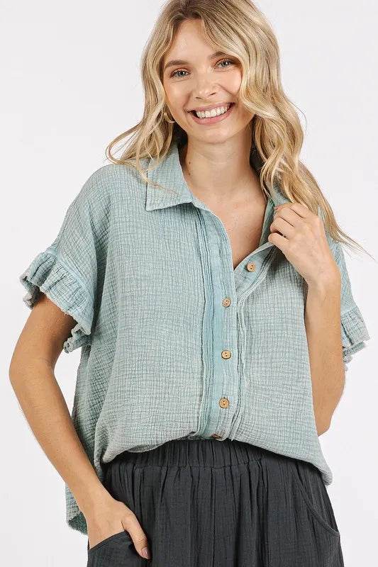 Mittoshop Mineral Washed Button Down Flounce Sleeve Shirt Trendsi e2e5359a-26d0-4e2a-9d96-c4e37b80ac54-Max