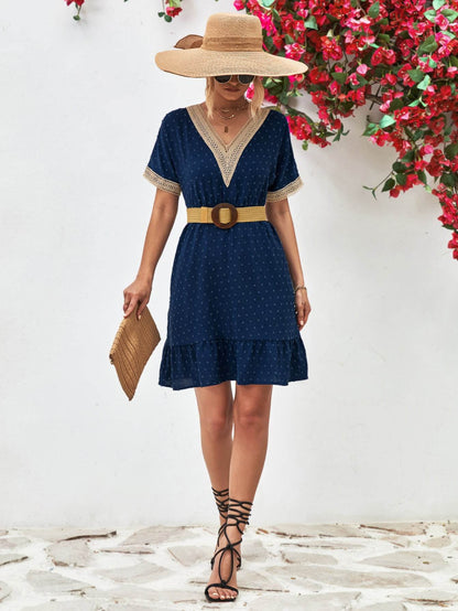 Contrast V-Neck Short Sleeve Mini Dress Trendsi e2f0d0e9fd0d4fcaa997a350a1755318-Max
