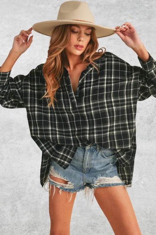 Aemi + Co Side Slit High-Low Plaid Long Sleeve Polo Shirt Black Trendsi e2f55062-97ad-4cd8-87e4-2caf51cf945a-Max