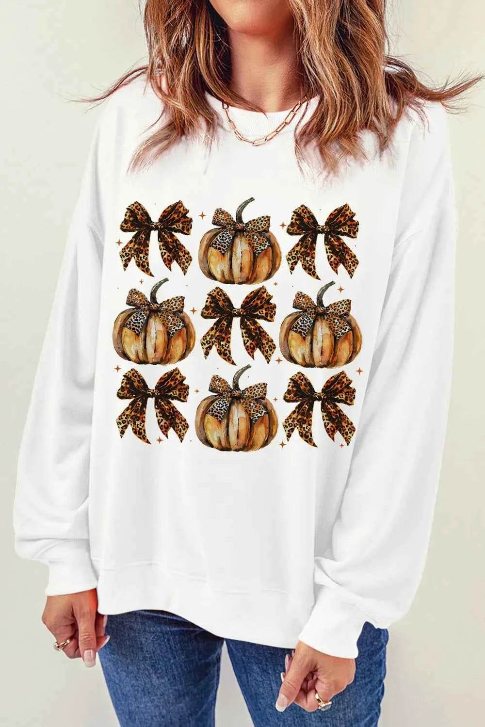 Pumpkin & Bow Graphic Long Sleeve Sweatshirt White Trendsi e2f66363-8a0f-4feb-94af-c0cc0ee4ac06-Max
