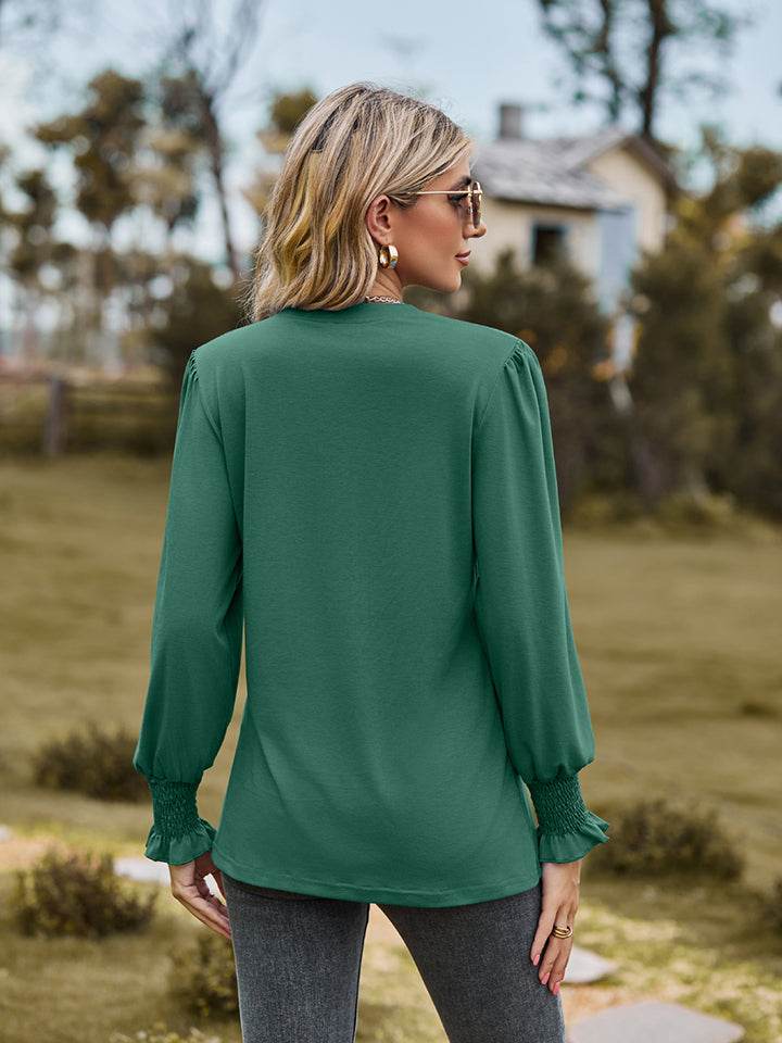 Notched Neck Flounce Sleeve Blouse Trendsi e300fef7c25a42d294844fe35e41c3d9-Max