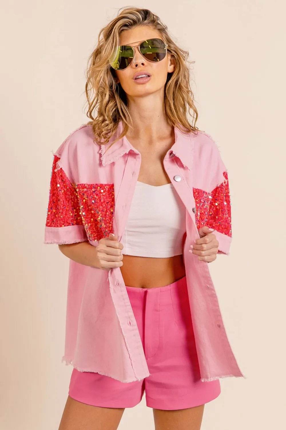 BiBi Sequin Detail Raw Hem Short Sleeve Shirt Trendsi e308af34-e078-4274-8097-4fff6a7db37c-Max