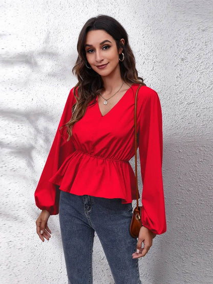 V-Neck Balloon Sleeve Peplum Blouse Deep Red Trendsi e31960571ca241abbdd2126bae4efc98-Max