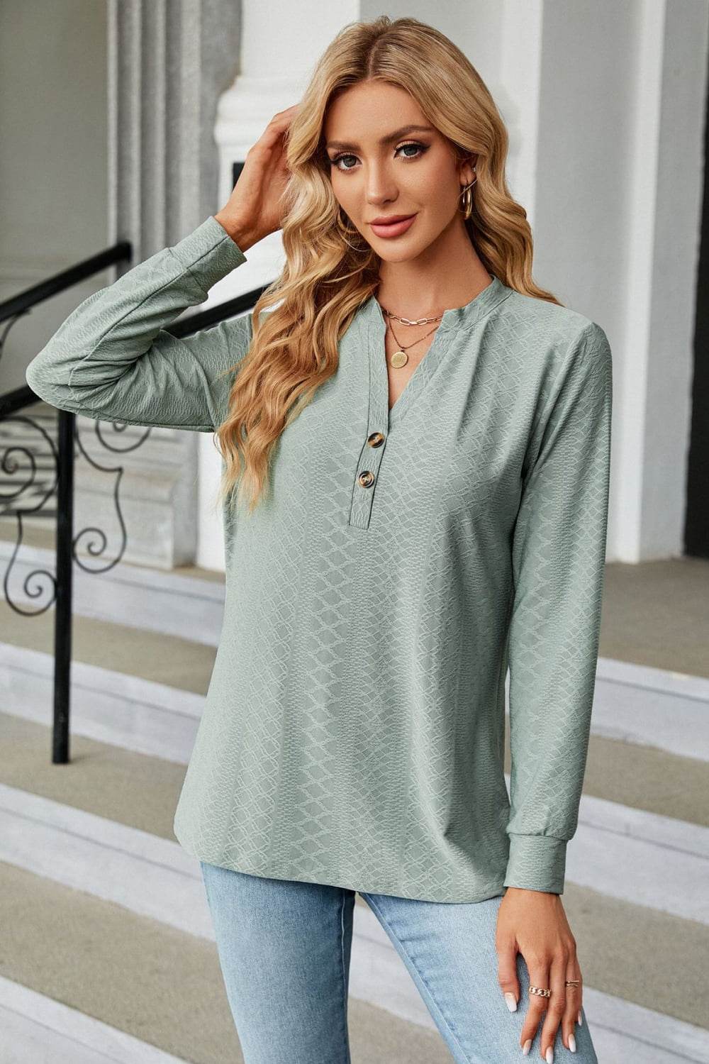 Notched Neck Long Sleeve Buttoned Blouse Trendsi e319cde4f68240dab8e6156b81d6b390-Max