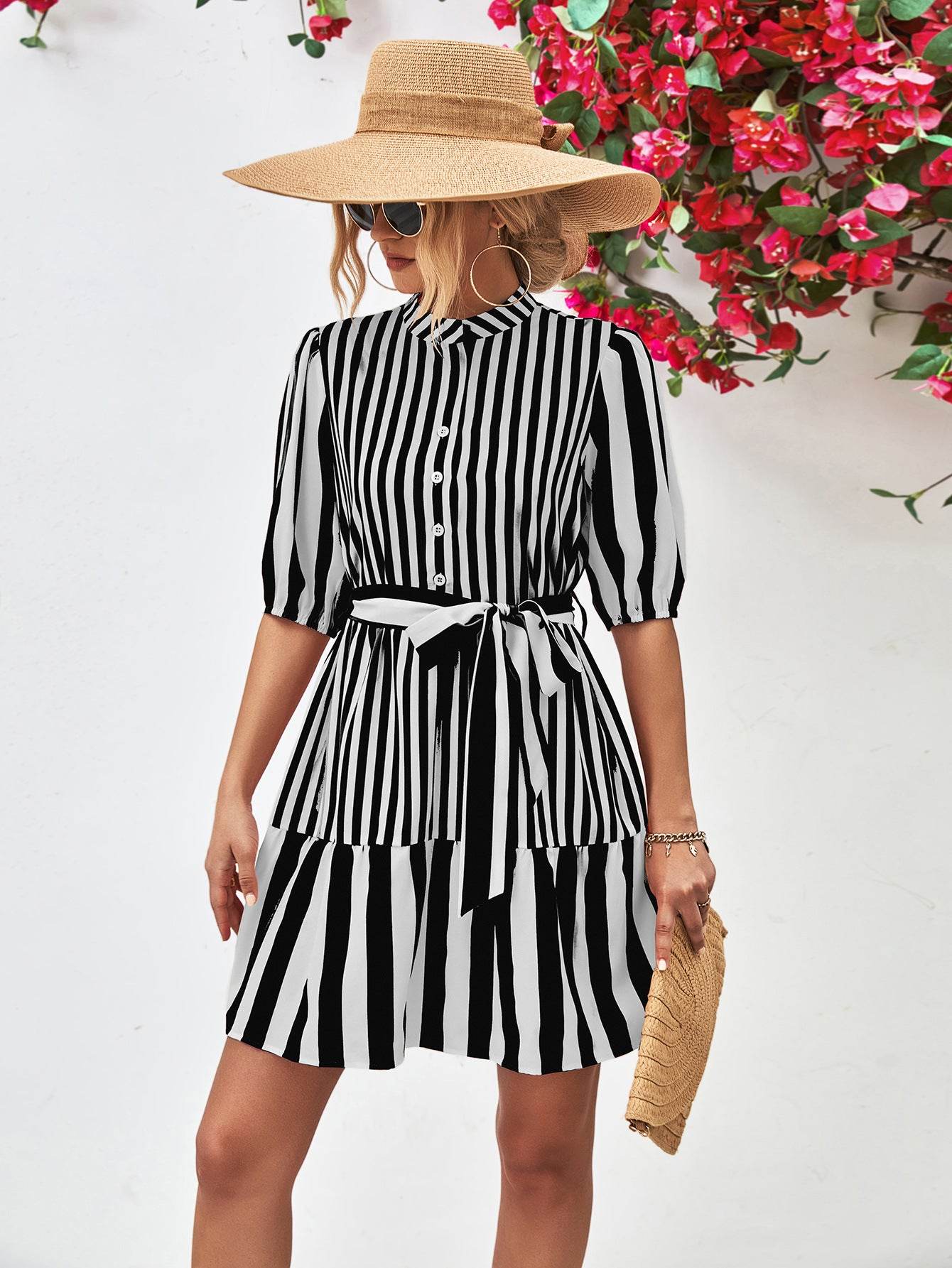 Striped Half Sleeve Tie Waist Mini Dress Trendsi e324711031c0473eb612da4c148b97fd-Max
